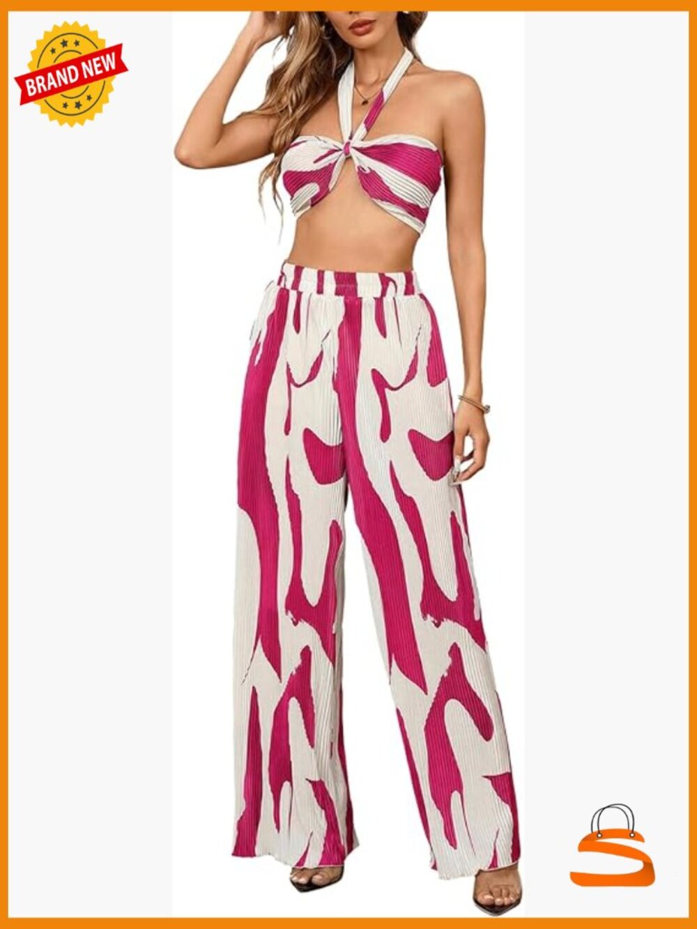 Graphic Print Crop Top and Wide Leg Pants Set Casual Vacation Outfit